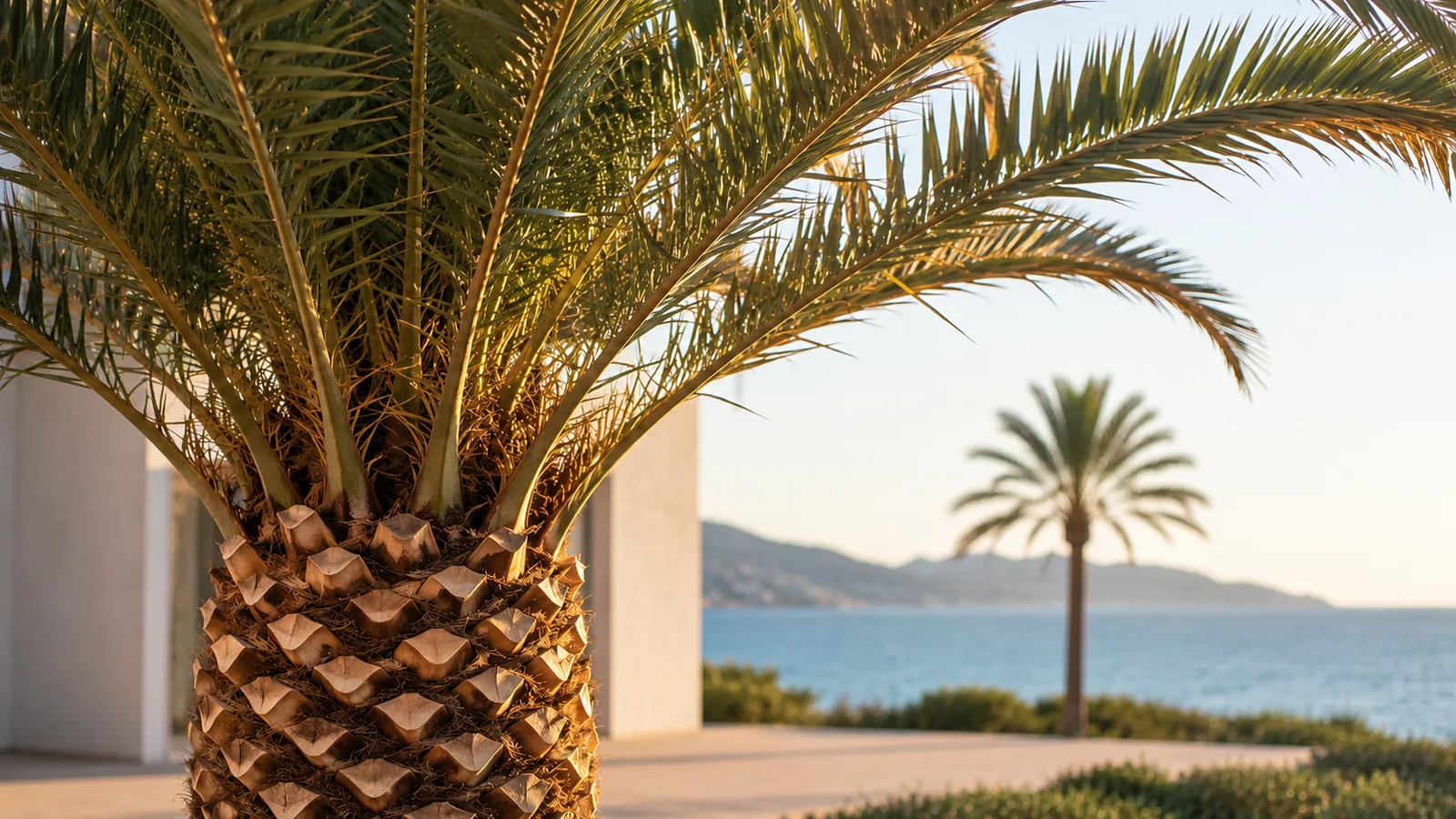 Palmiers Phoenix entretenus dans un jardin des Alpes-Maritimes avec vue sur la Méditerranée