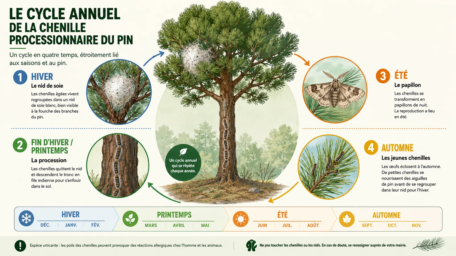 Cycle de la chenille processionnaire du pin dans le 06 : nid de soie blanc en hiver, procession en file vers le sol au printemps, papillon en été, et calendrier des méthodes de lutte par saison