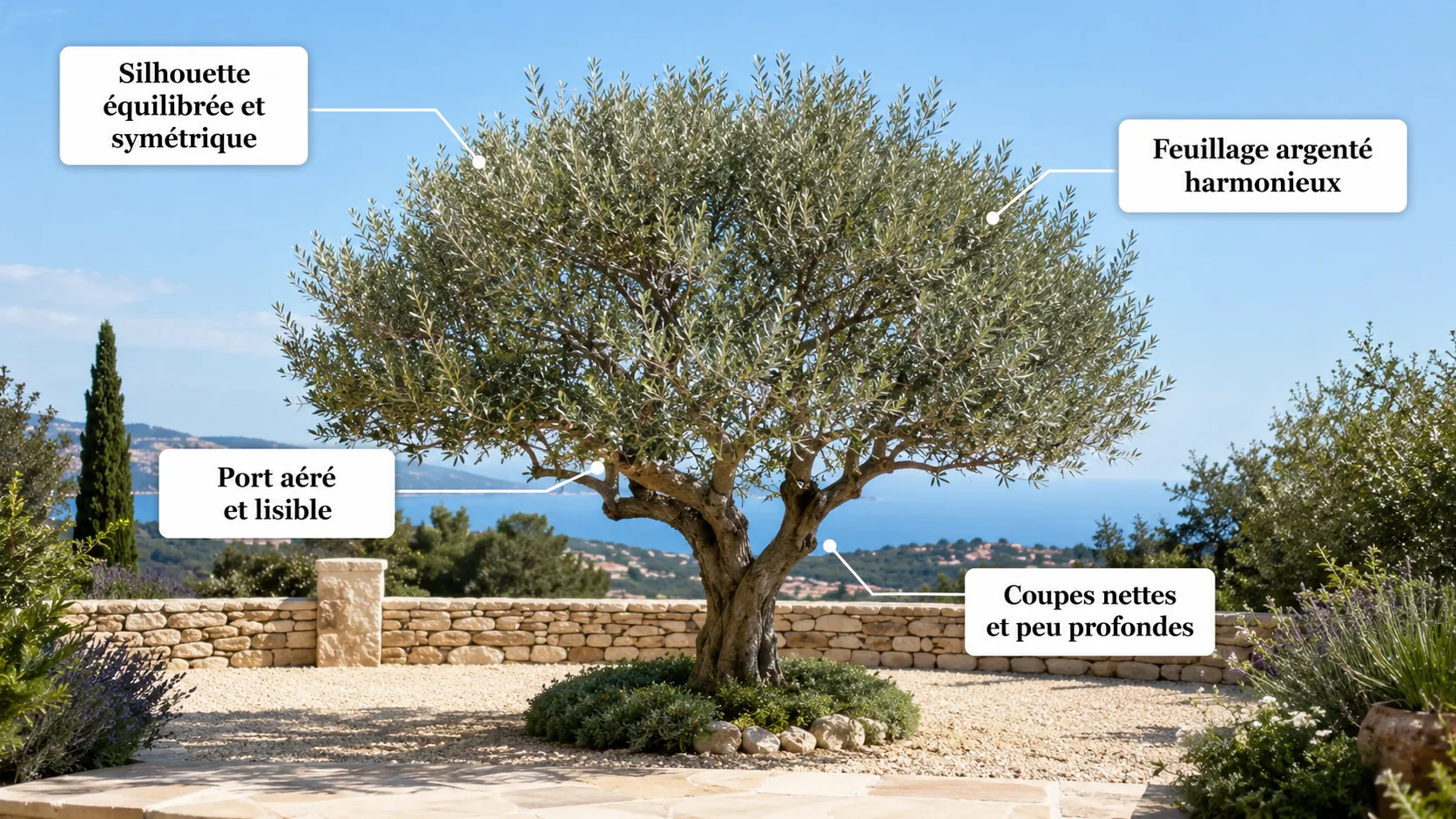 Olivier taillé pour l'esthétique dans un jardin du 06, avec les marqueurs d'une belle taille ornementale annotés : silhouette équilibrée et symétrique, feuillage argenté harmonieux, port aéré et lisible, coupes nettes et peu profondes