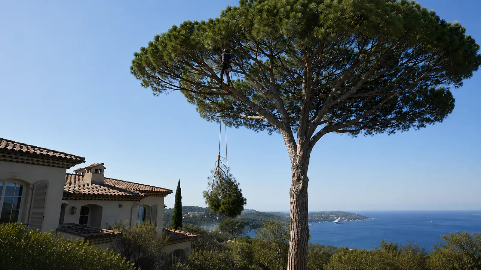 Pin maritime élagué en grimpe au-dessus d'une villa du 06