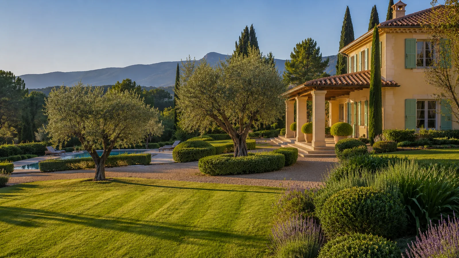 Jardin entretenu avec pelouse dense et haies taillées dans une villa des Alpes-Maritimes