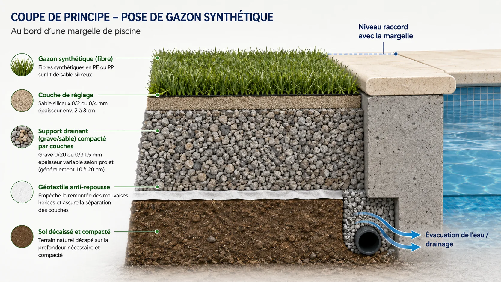 Coupe technique d'une pose de gazon synthétique au bord d'une piscine : sol décaissé et compacté, géotextile anti-repousse, support drainant, couche de réglage, fibre et raccord avec la margelle