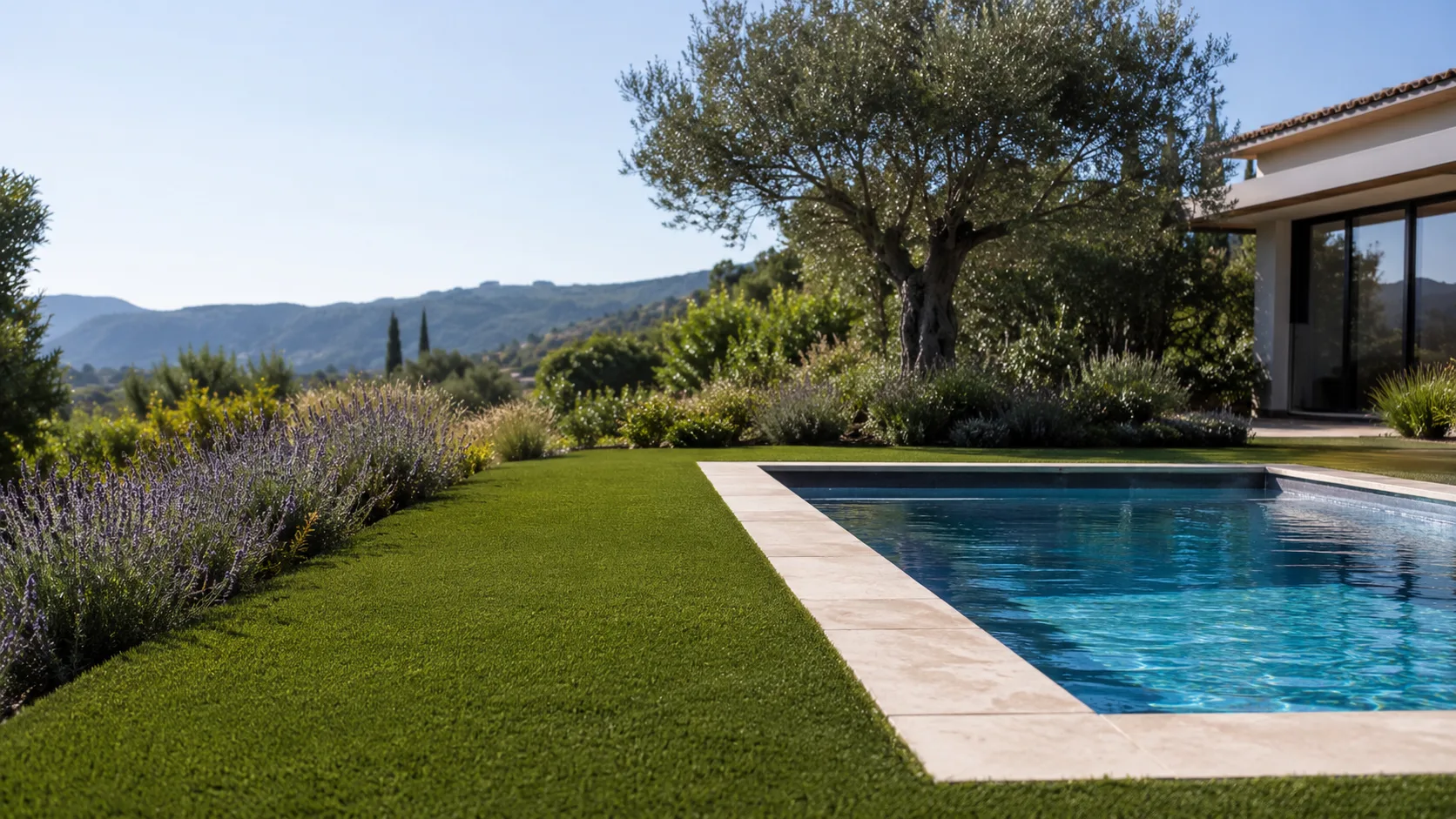 Gazon synthétique posé autour d'une piscine dans un jardin des Alpes-Maritimes