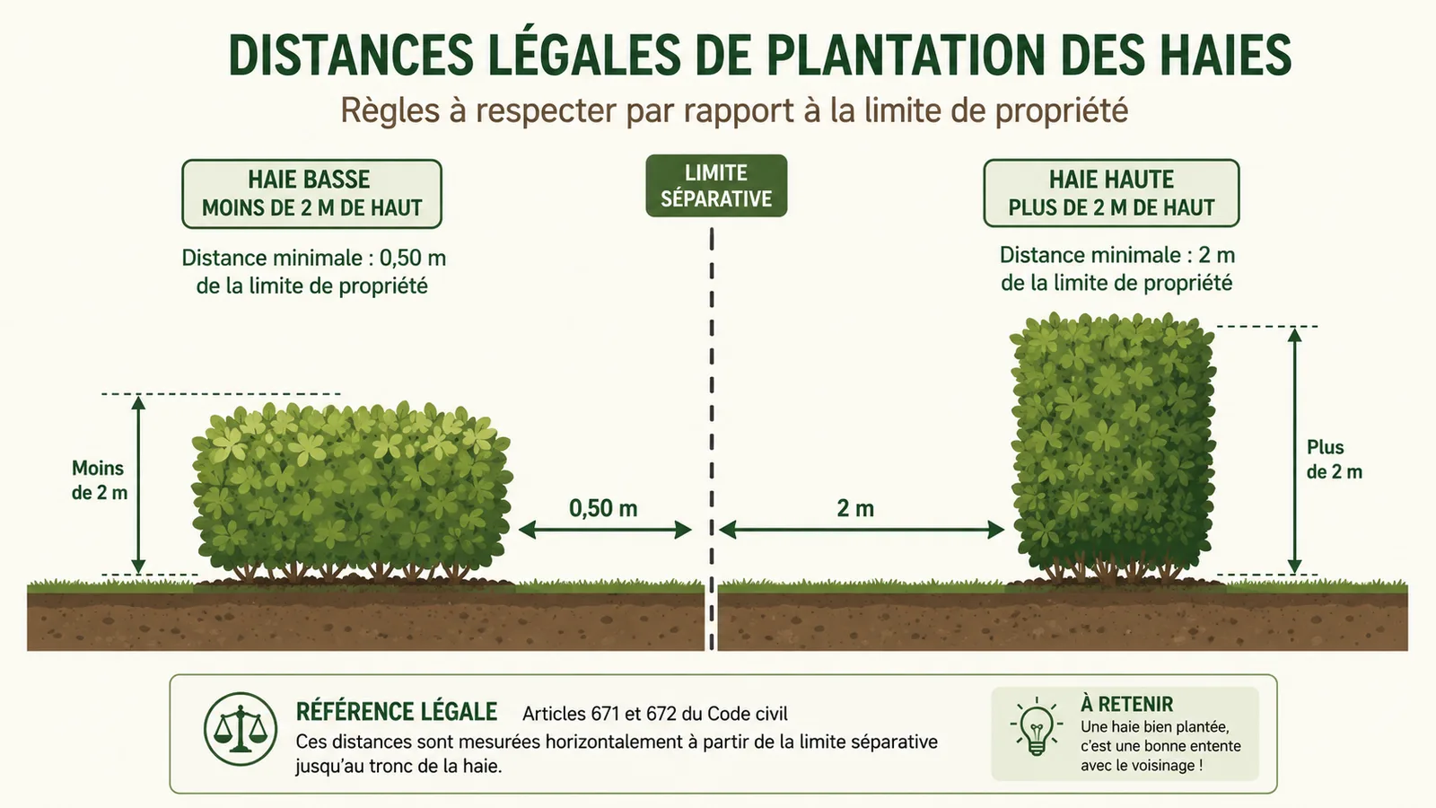 Schéma des distances légales de plantation d'une haie dans le 06 : 0,50 m de la limite séparative pour une haie de moins de 2 m de haut, 2 m de la limite au-delà