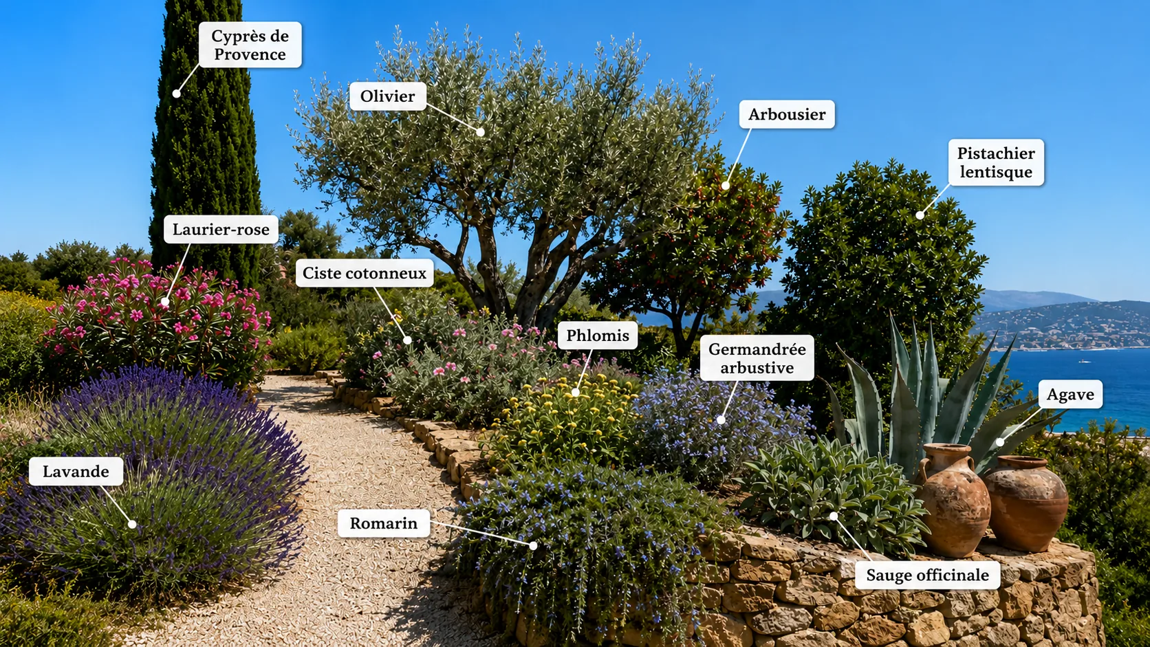 Jardin sec méditerranéen du 06 illustrant 12 essences résistantes à la sécheresse : olivier, cyprès de Provence, lavande, romarin, ciste cotonneux, laurier-rose, pistachier lentisque, arbousier, phlomis, germandrée arbustive, sauge officinale et agave