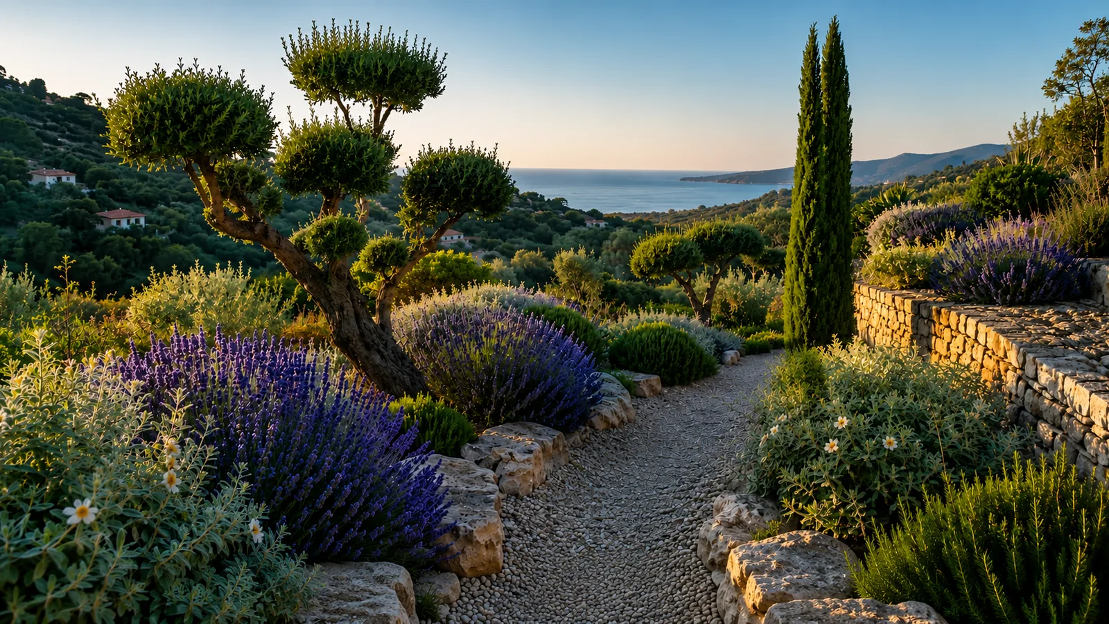 Jardin méditerranéen sec composé d'oliviers, lavandes et cistes dans le 06