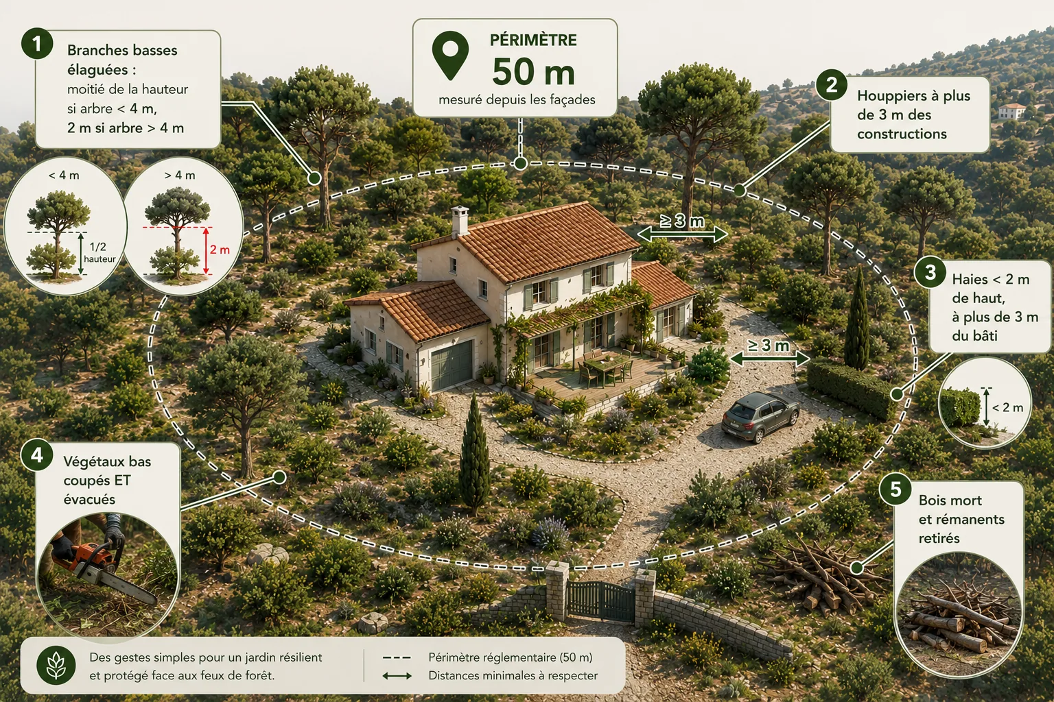 Schéma du périmètre de débroussaillement obligatoire de 50 mètres autour d'une maison dans les Alpes-Maritimes : élagage des branches basses, distances minimales des houppiers et des haies, et évacuation des végétaux coupés