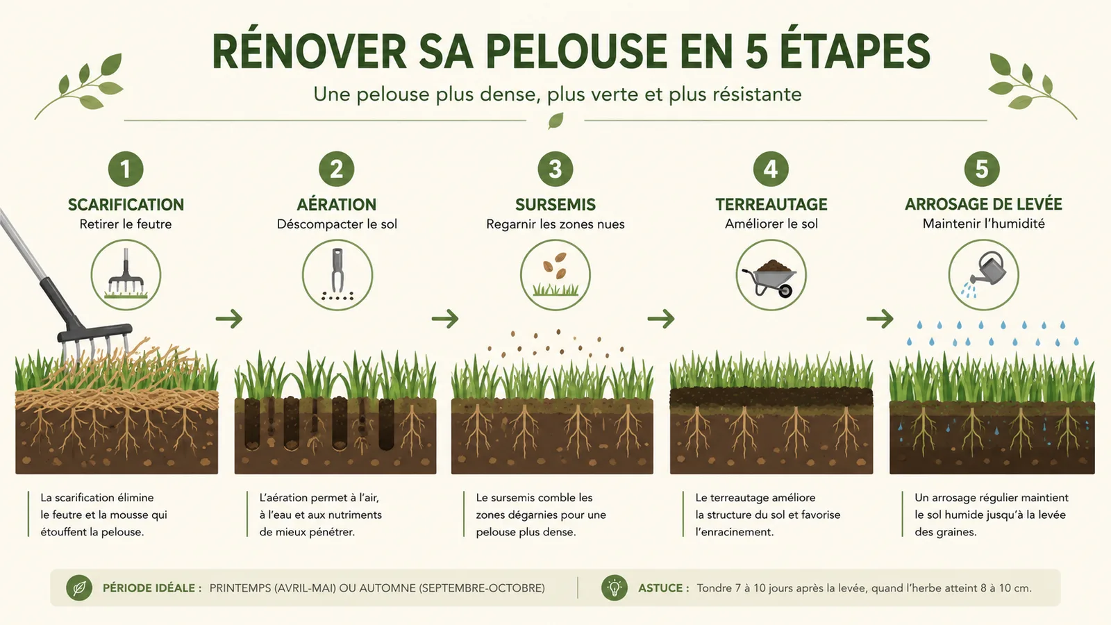 Étapes de rénovation d'une pelouse dans le 06 : scarification pour retirer le feutre, aération du sol, sursemis sur les zones nues, terreautage et arrosage de levée