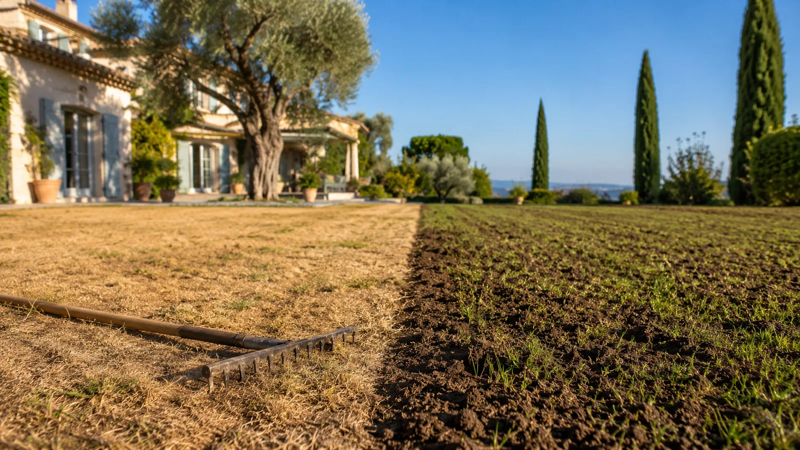 Pelouse grillée en cours de rénovation dans un jardin des Alpes-Maritimes, zones regarnies et terre préparée