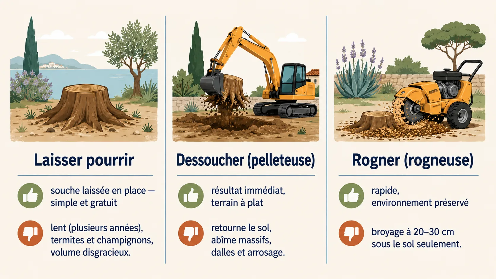 Comparatif des trois solutions pour traiter une souche dans le 06 : laisser pourrir, dessoucher à la pelleteuse ou rogner à la rogneuse, avec leurs avantages et inconvénients