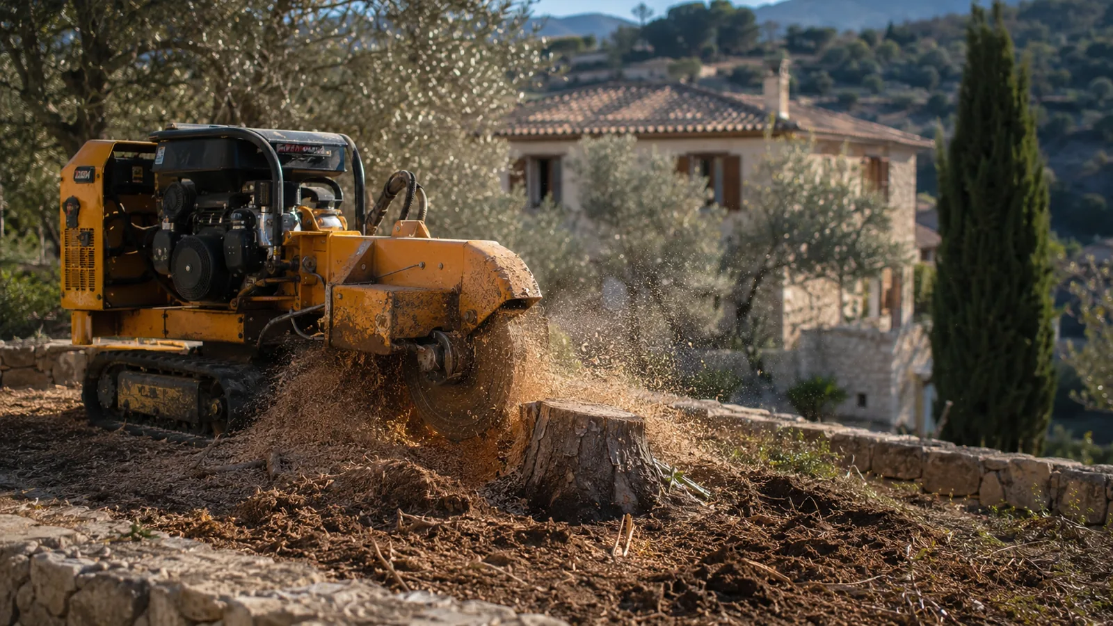 Rogneuse sur chenilles broyant une souche dans un jardin des Alpes-Maritimes