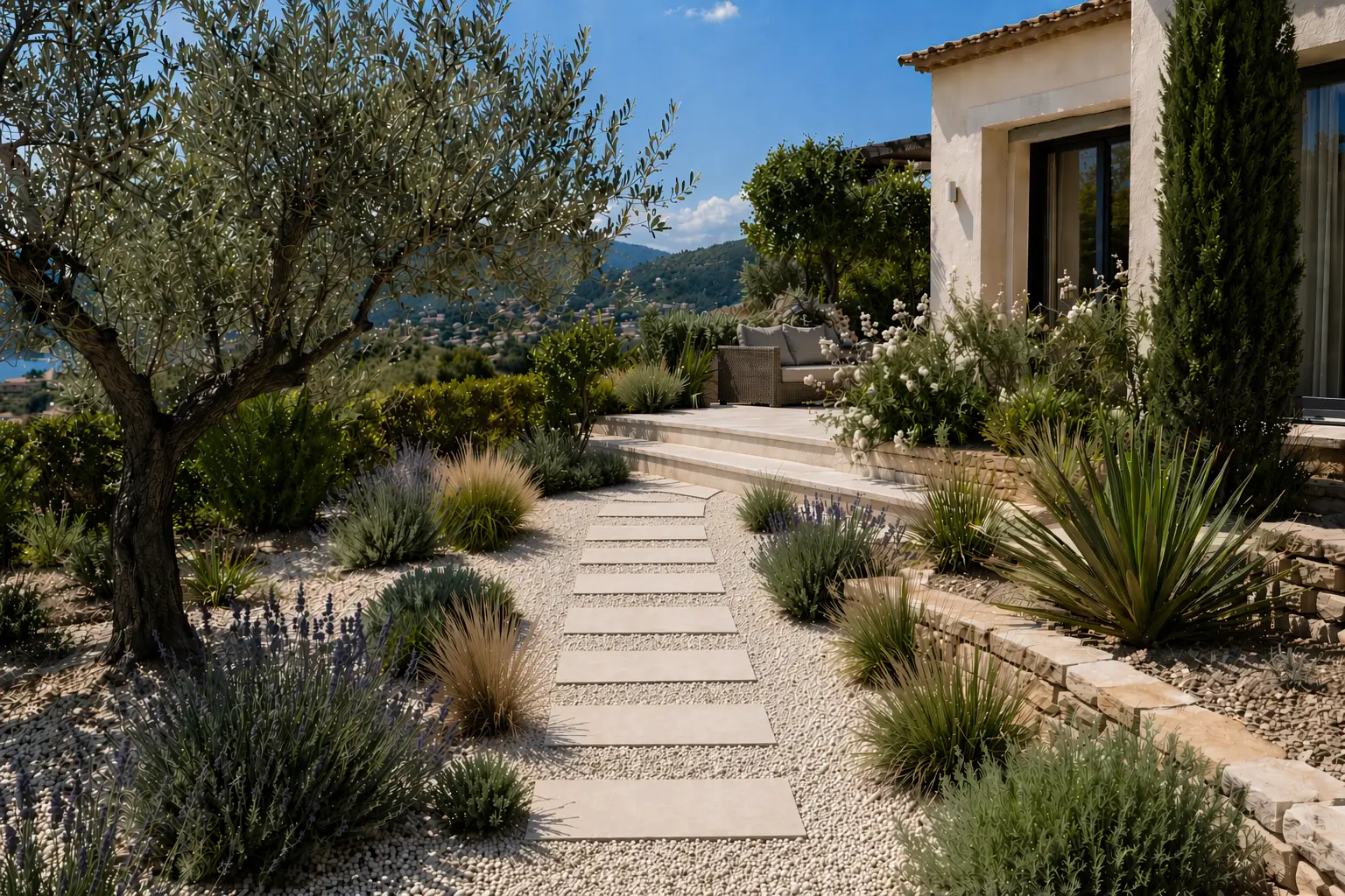 Jardin méditerranéen créé sur mesure avec olivier, lavandes, graminées et allée en pas japonais