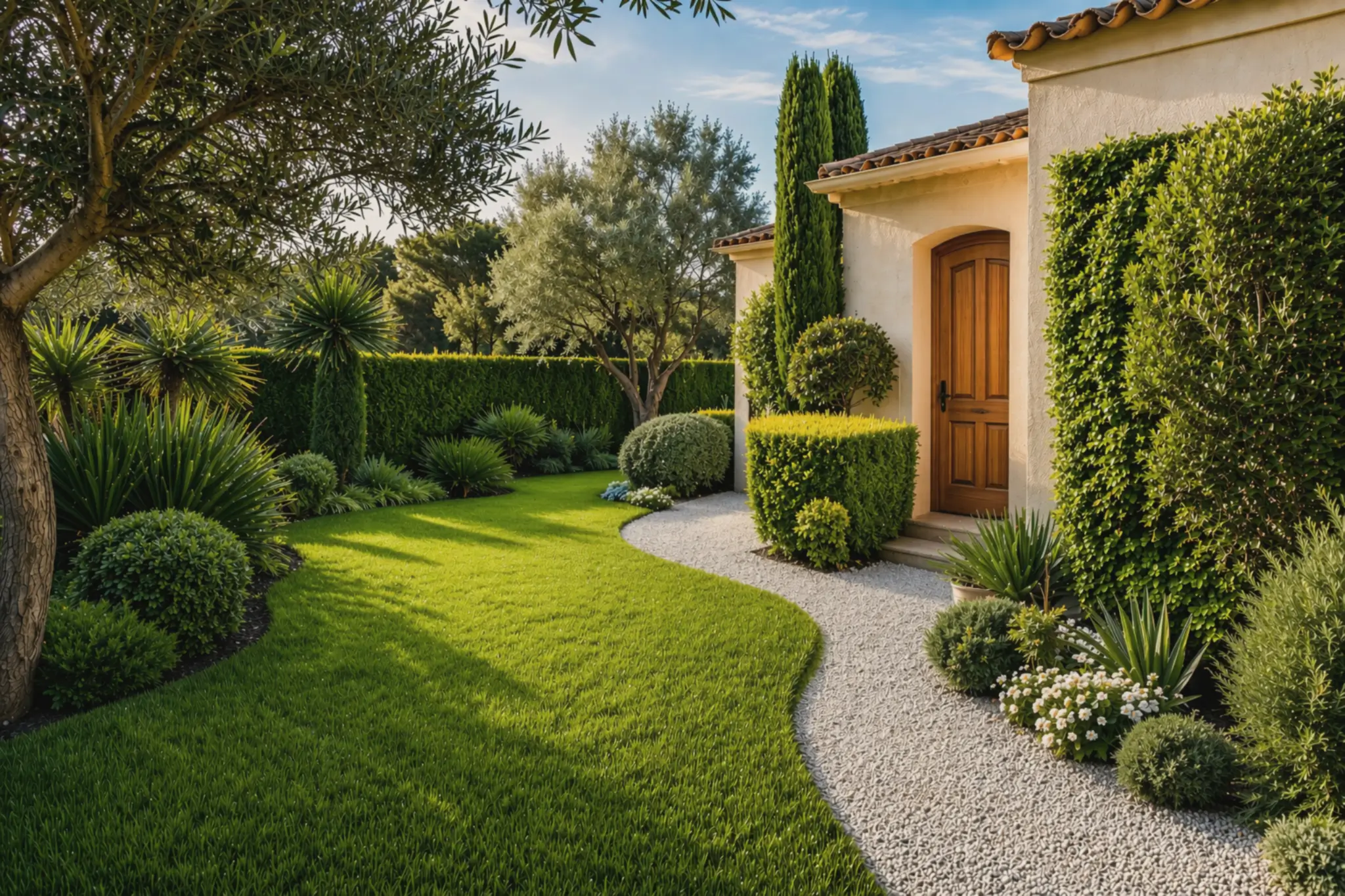 Jardin entretenu avec pelouse dense, haies sculptées, oliviers et cyprès devant une villa provençale