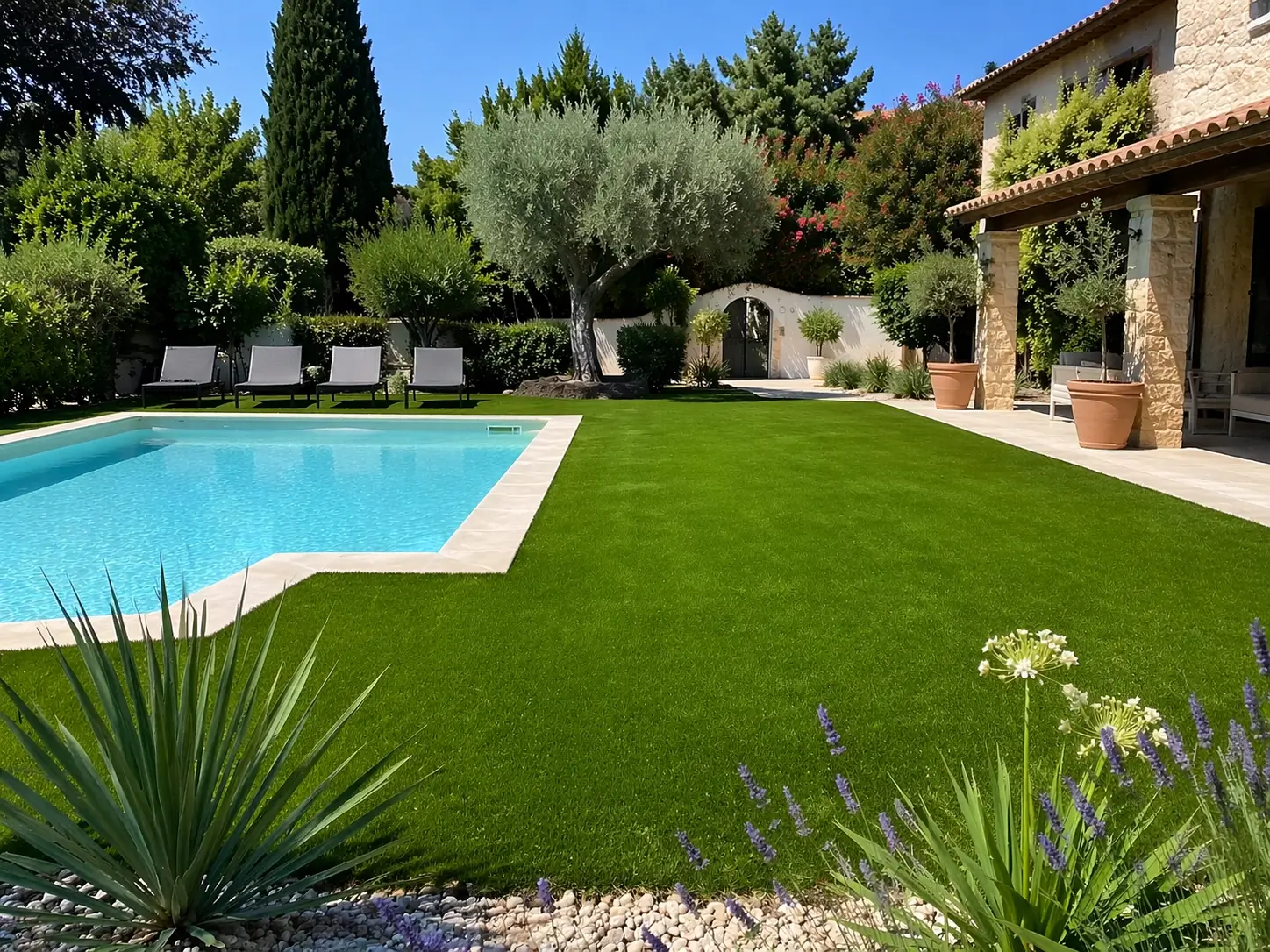 Gazon synthétique posé autour d'une piscine avec olivier et villa en pierre