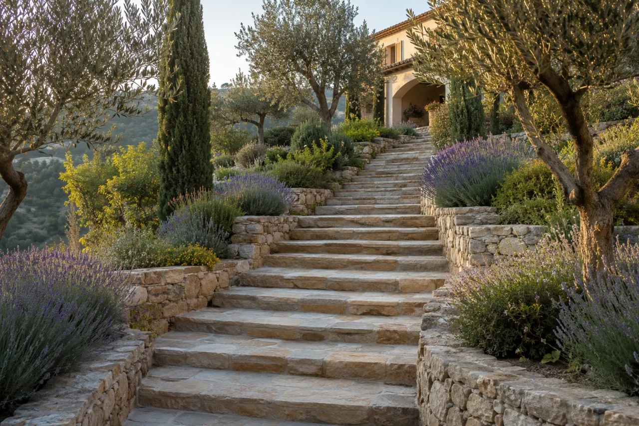 Escalier extérieur en pierre reliant deux niveaux d'un jardin méditerranéen