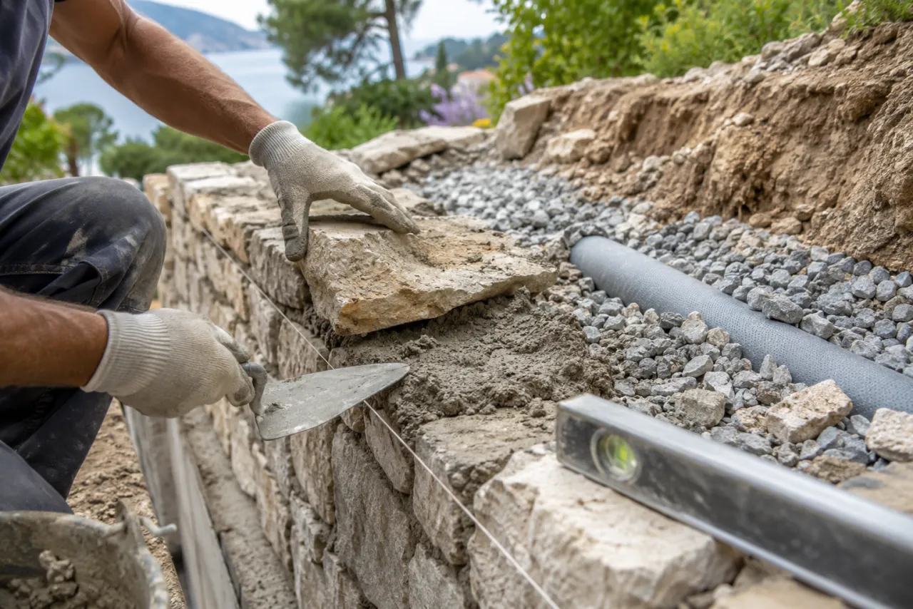 Construction d'un muret de soutènement en pierre avec fondation et drainage