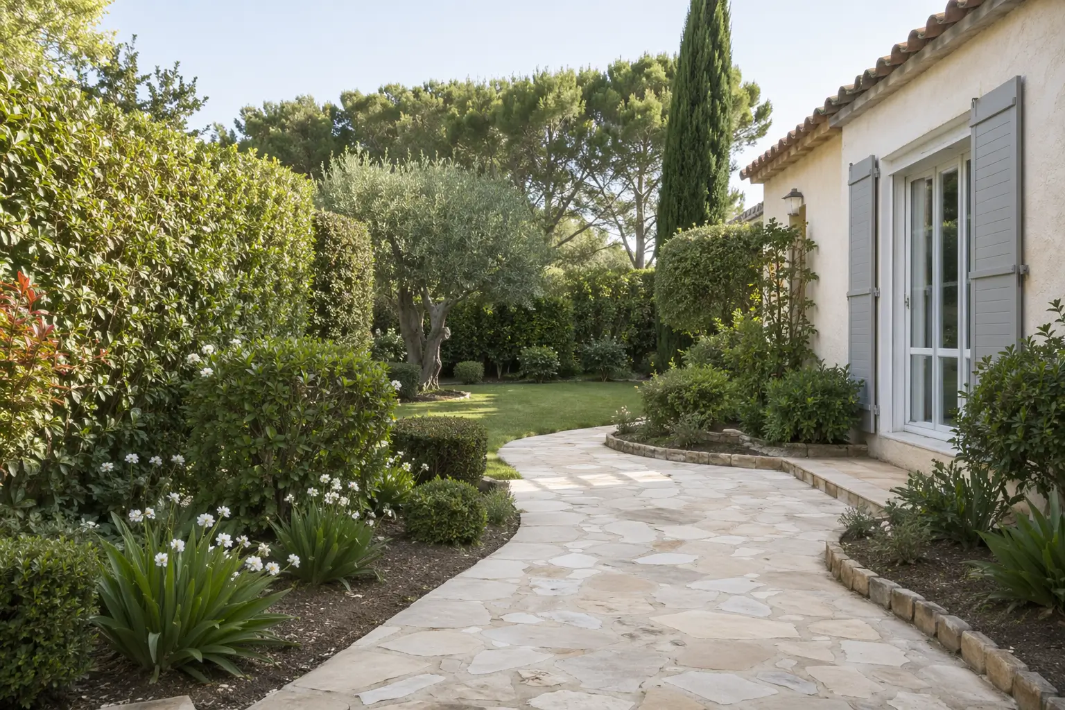 Jardin de villa remis en état avec allée en dalles, haies taillées, pin parasol et massifs fleuris