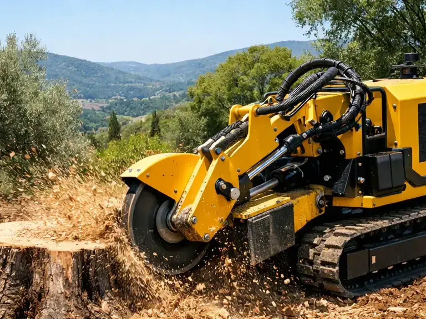 Rogneuse sur chenilles broyant une souche au ras du sol avec les collines en arrière-plan