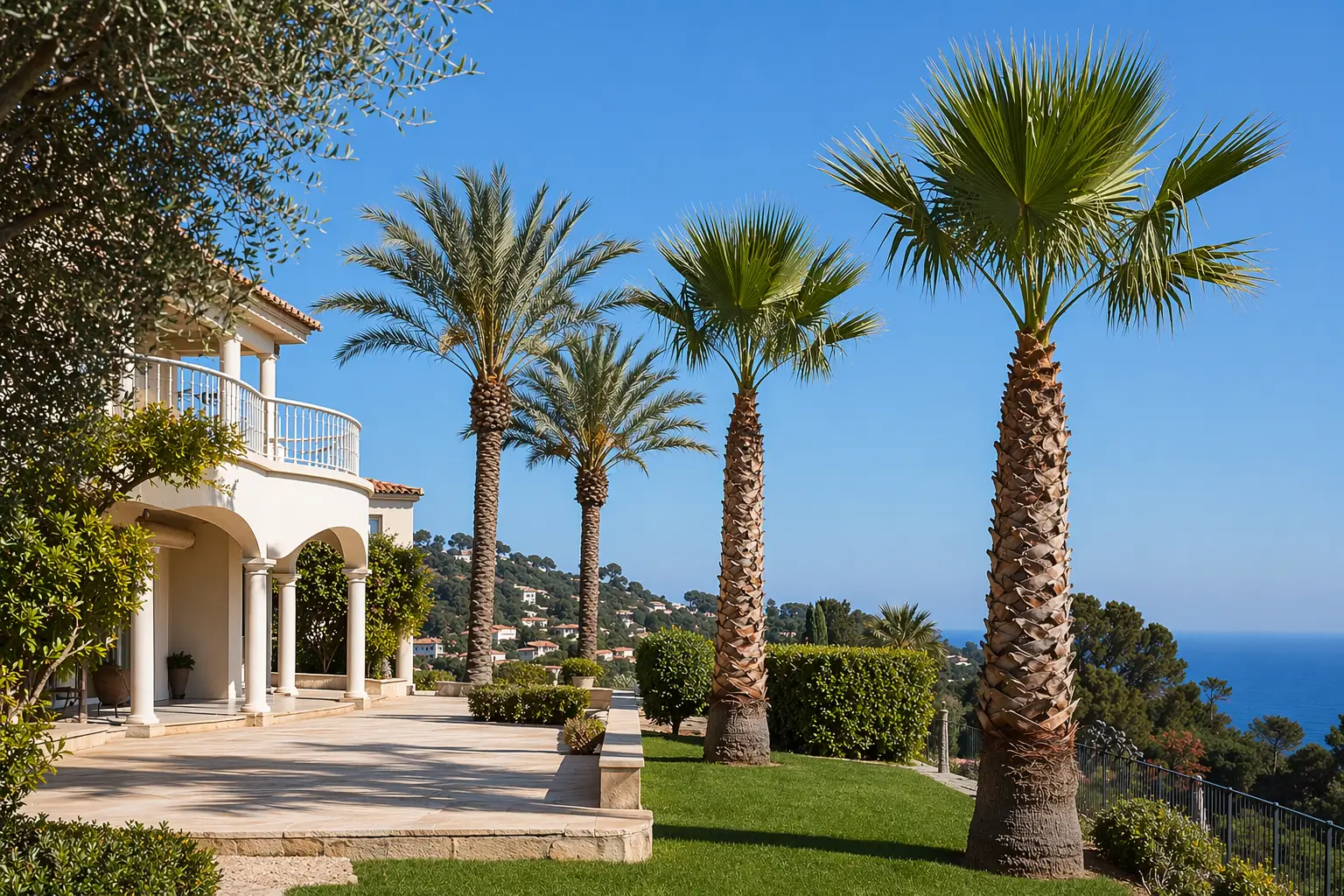 Palmiers Washingtonia et Phoenix taillés devant une villa avec vue mer sur la Côte d'Azur