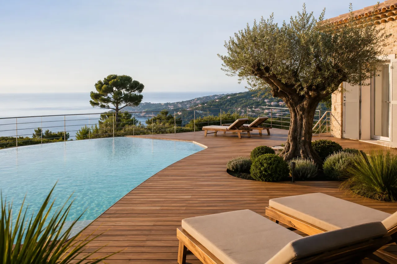 Terrasse en bois composite autour d'une piscine de villa méditerranéenne