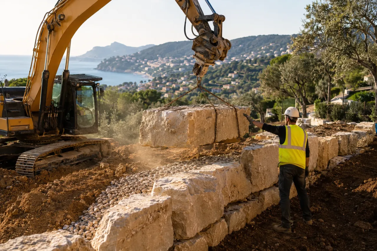Pelle mécanique posant des blocs d'enrochement pour stabiliser un talus