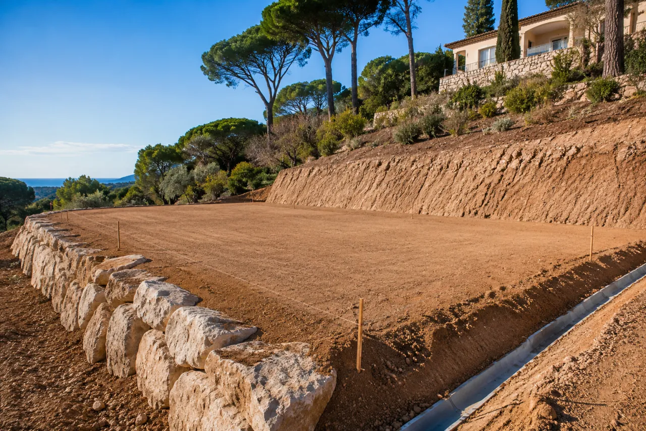 Plateforme de terrain nivelée et drainée, prête pour l'aménagement